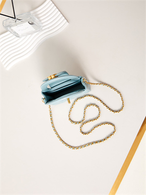 Ch*el clutch with chain shiny aged calfskin gold-tone metal lt blue ap3435