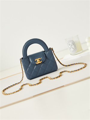 Ch*el clutch with chain shiny aged calfskin gold-tone metal dk blue ap3435