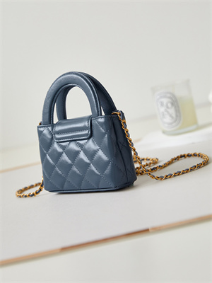 Ch*el clutch with chain shiny aged calfskin gold-tone metal dk blue ap3435