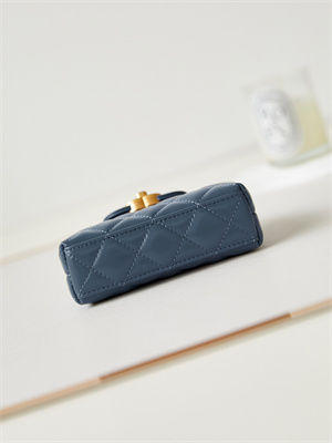 Ch*el clutch with chain shiny aged calfskin gold-tone metal dk blue ap3435