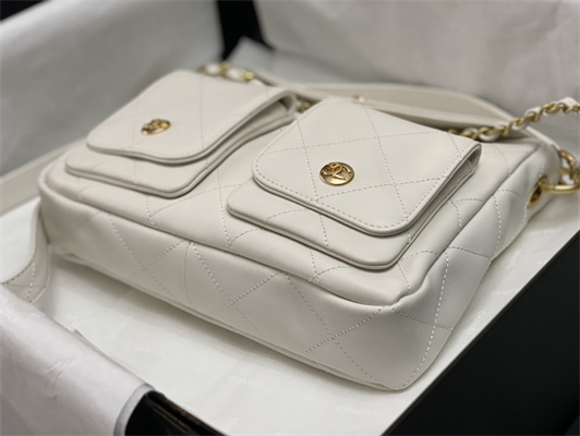 Ch*el hobo handbag shiny calfskin gold tone metal white as4743