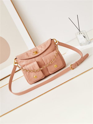 Ch*el hobo handbag shiny calfskin gold tone metal pink as4743