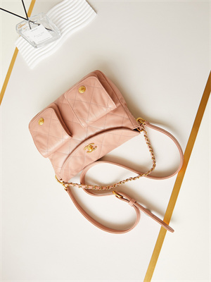 Ch*el hobo handbag shiny calfskin gold tone metal pink as4743