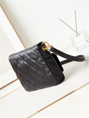 Ch*el hobo handbag shiny calfskin gold tone metal black as4743