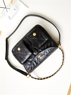 Ch*el hobo handbag shiny calfskin gold tone metal black as4743