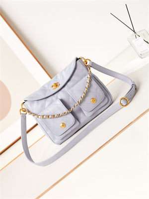 Ch*el hobo handbag shiny calfskin gold tone metal blue as4743