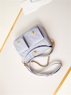 Ch*el hobo handbag shiny calfskin gold tone metal blue as4743