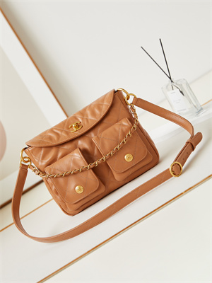 Ch*el hobo handbag shiny calfskin gold tone metal brown as4743