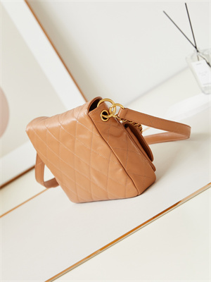 Ch*el hobo handbag shiny calfskin gold tone metal brown as4743