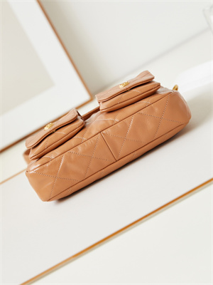 Ch*el hobo handbag shiny calfskin gold tone metal brown as4743