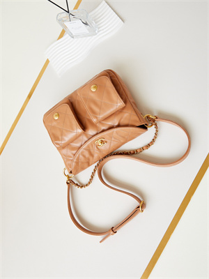 Ch*el hobo handbag shiny calfskin gold tone metal brown as4743