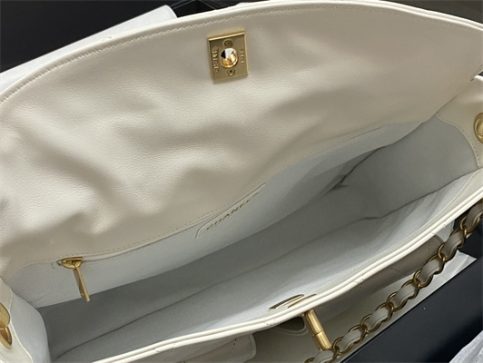 Ch*el large hobo handbag shiny calfskin gold tone metal white as4668