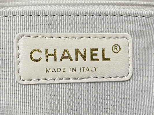 Ch*el large hobo handbag shiny calfskin gold tone metal white as4668