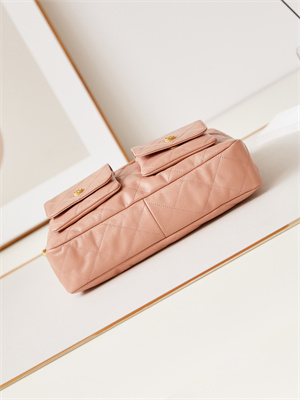 Ch*el large hobo handbag shiny calfskin gold tone metal pink as4668