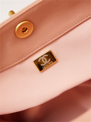 Ch*el large hobo handbag shiny calfskin gold tone metal pink as4668