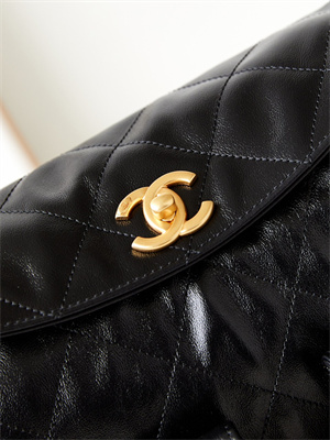 Ch*el large hobo handbag shiny calfskin gold tone metal black as4668