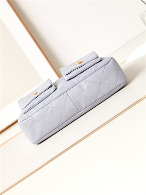 Ch*el large hobo handbag shiny calfskin gold tone metal blue as4668