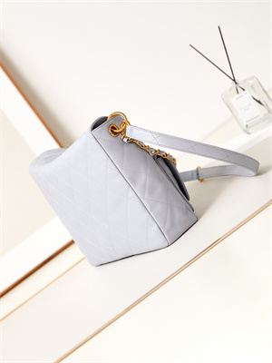 Ch*el large hobo handbag shiny calfskin gold tone metal blue as4668