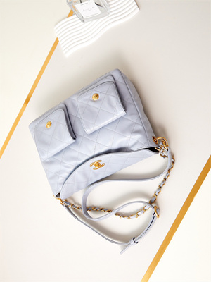 Ch*el large hobo handbag shiny calfskin gold tone metal blue as4668