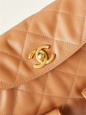 Ch*el large hobo handbag shiny calfskin gold tone metal brown as4668