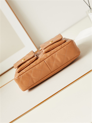 Ch*el large hobo handbag shiny calfskin gold tone metal brown as4668