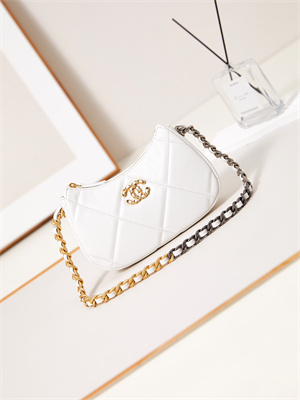 Ch*el 19 clutch with chain shiny lambskin, gold-tone, silver-tone & ruthenium-finish metal white ap3763