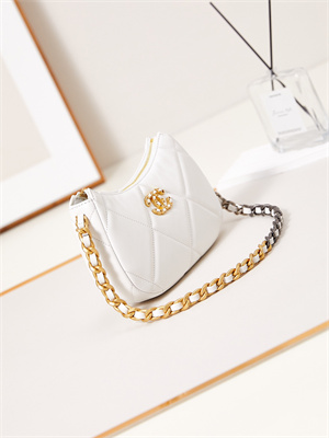 Ch*el 19 clutch with chain shiny lambskin, gold-tone, silver-tone & ruthenium-finish metal white ap3763