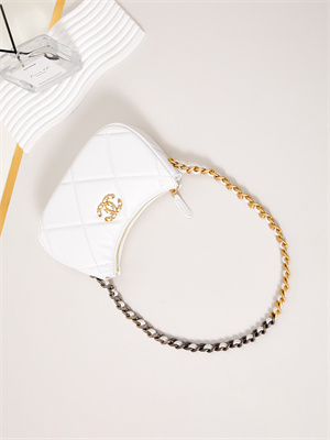 Ch*el 19 clutch with chain shiny lambskin, gold-tone, silver-tone & ruthenium-finish metal white ap3763