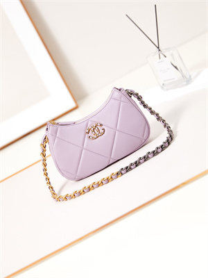 Ch*el 19 clutch with chain shiny lambskin, gold-tone, silver-tone & ruthenium-finish metal lilac ap3763
