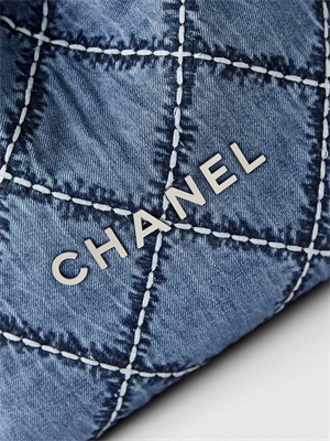 Cha.nel 22 Small Handbag Stitched Denim Silver Tone Metal Blue AS3260