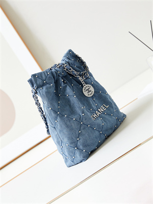 Cha.nel 22 Small Handbag Washed Denim Blue Silver Tone Metal AS3260