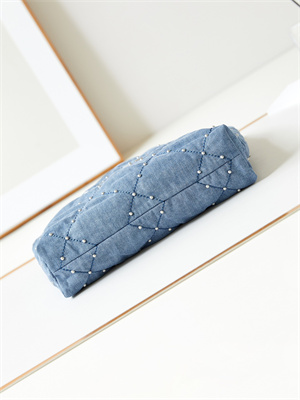 Cha.nel 22 Small Handbag Washed Denim Blue Silver Tone Metal AS3260