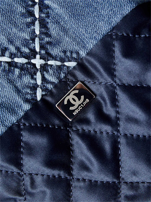 Cha.nel 22 Medium Handbag Stitched Denim Silver Tone Metal Blue AS3261