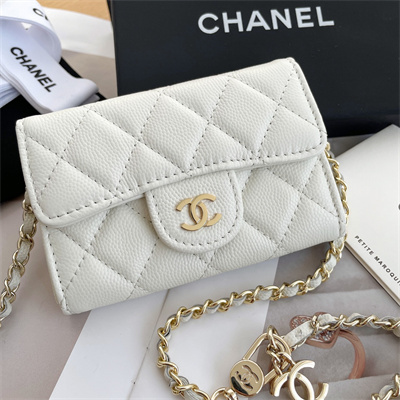 Ch*el belt bag with chain grained calfskin gold tone metal white color a81081