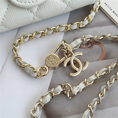Ch*el belt bag with chain grained calfskin gold tone metal white color a81081
