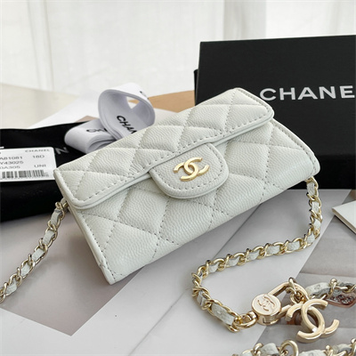 Ch*el belt bag with chain grained calfskin gold tone metal white color a81081