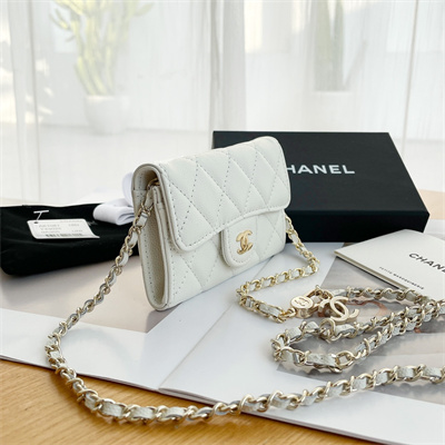 Ch*el belt bag with chain grained calfskin gold tone metal white color a81081
