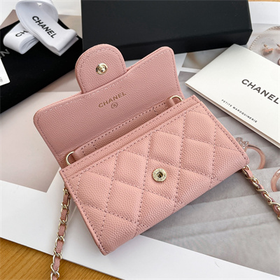 Ch*el belt bag with chain grained calfskin gold tone metal pink color a81081