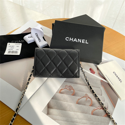 Ch*el belt bag with chain grained calfskin gold tone metal black color a81081