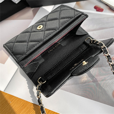 Ch*el belt bag with chain grained calfskin gold tone metal black color a81081