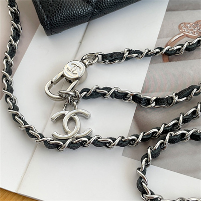 Ch*el belt bag with chain grained calfskin silver tone metal black color a81081