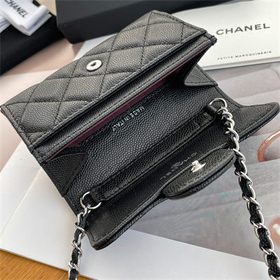 Ch*el belt bag with chain grained calfskin silver tone metal black color a81081