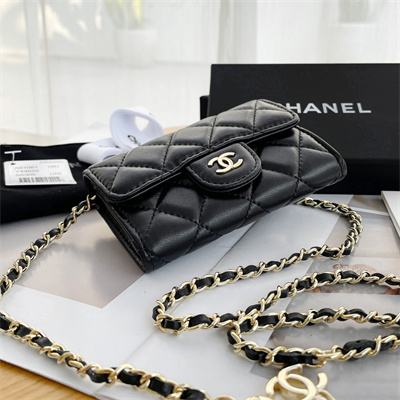 Ch*el belt bag with chain lambskin gold tone metal black color a81081