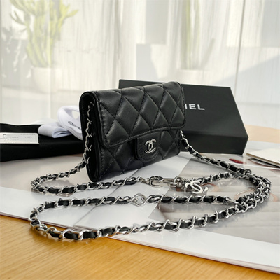Ch*el belt bag with chain lambskin silver tone metal black color a81081