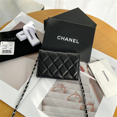 Ch*el belt bag with chain lambskin silver tone metal black color a81081