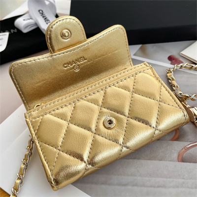 Ch*el belt bag with chain metallic lambskin gold tone metal gold color a81081