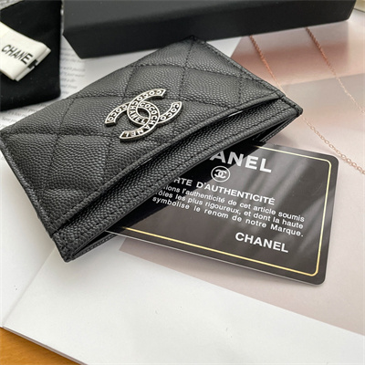 Ch*el card holder grained calfskin silver tone metal black ap3837