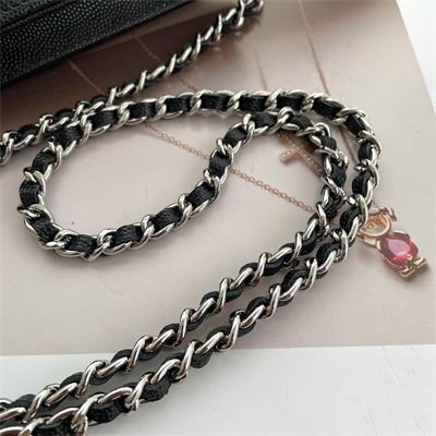 Ch*el wallet on chain grained calfskin silver tone metal black ap3839