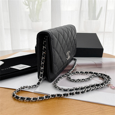 Ch*el wallet on chain grained calfskin silver tone metal black ap3839
