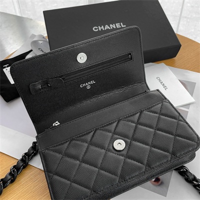 Ch*el wallet on chain grained calfskin black tone metal black a81059